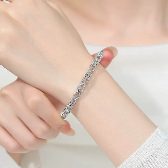 S925 sterling silver chain bracelet for women, European and American style, full diamond open bangle jewelry.
