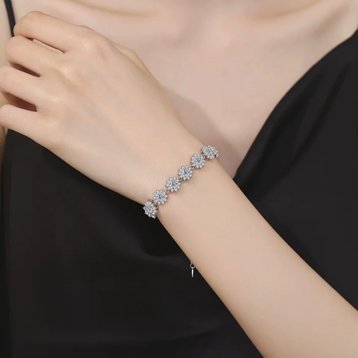 925 Sterling Silver Bracelet with High-End Moissanite and Full Diamond Flower Design
