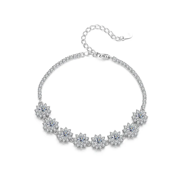 925 Sterling Silver Bracelet with High-End Moissanite and Full Diamond Flower Design