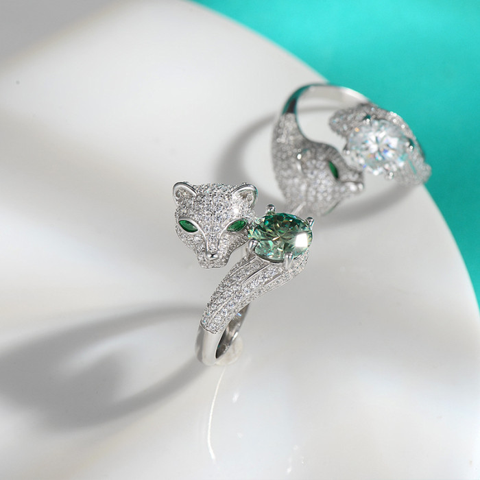S925 Sterling Silver Moissanite Ring, Fashionable Cluster-Set Leopard Head, Adjustable Open Ring for Women