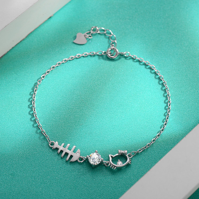 S925 Moissanite Cat and Fish Bracelet - Stylish and Simple, Versatile for Women