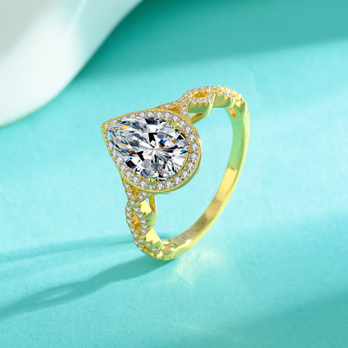 Waterdrop-shaped micro-inlaid diamond ring, fashionable and versatile, high-end feel, women's heart-shaped engagement ring, gold-plated