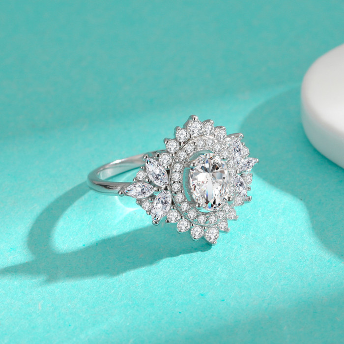 S925 Sterling Silver Egg-Shaped Moissanite Diamond Women's Ring, High-End Fully Paved Fashionable Elegant Ring