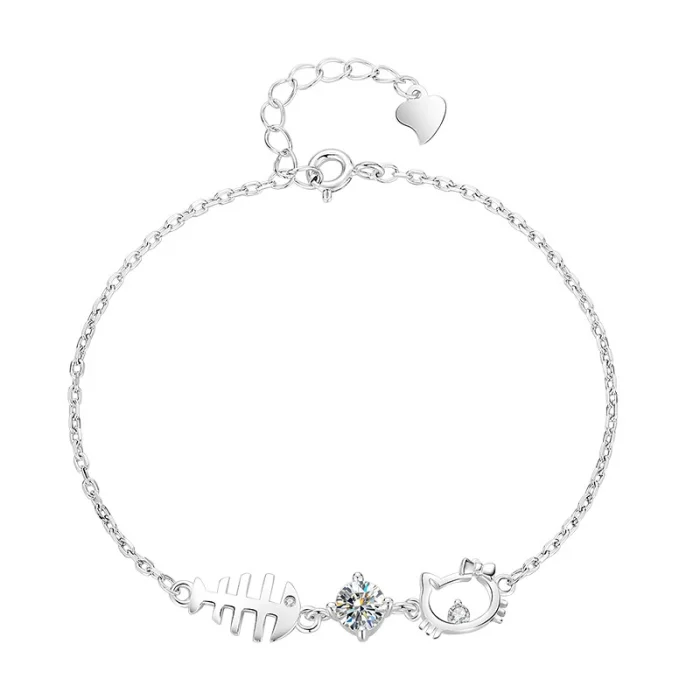 S925 Moissanite Cat and Fish Bracelet - Stylish and Simple, Versatile for Women