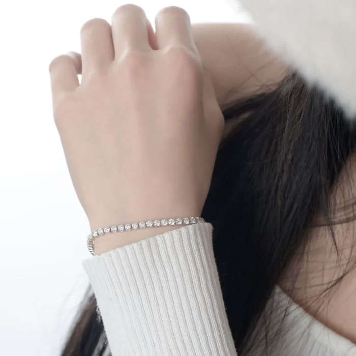 S925 Sterling Silver Moissanite Round Diamond Tennis Bracelet for Women, Hip Hop Trendy Single Bracelet