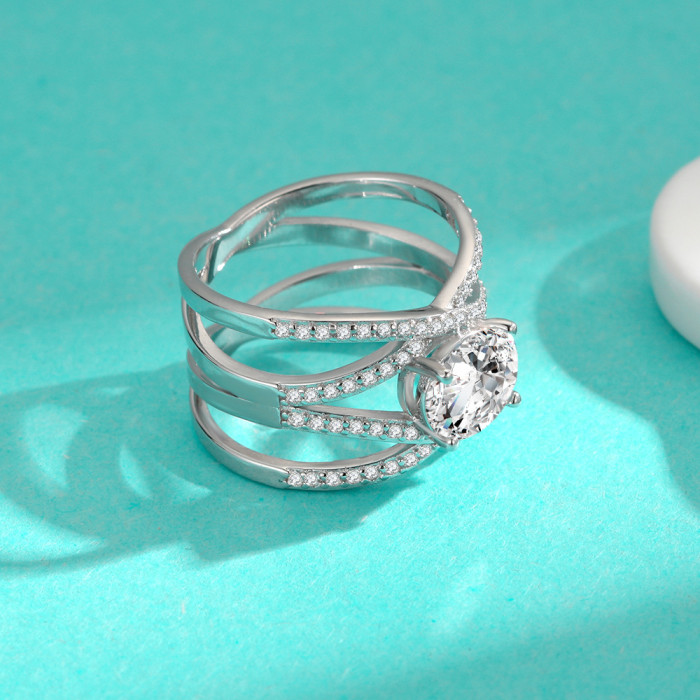 S925 Sterling Silver Moissanite Oval Diamond Ring, High-End Fashionable and Elegant, Crossed Colorful Dodo Egg Ring