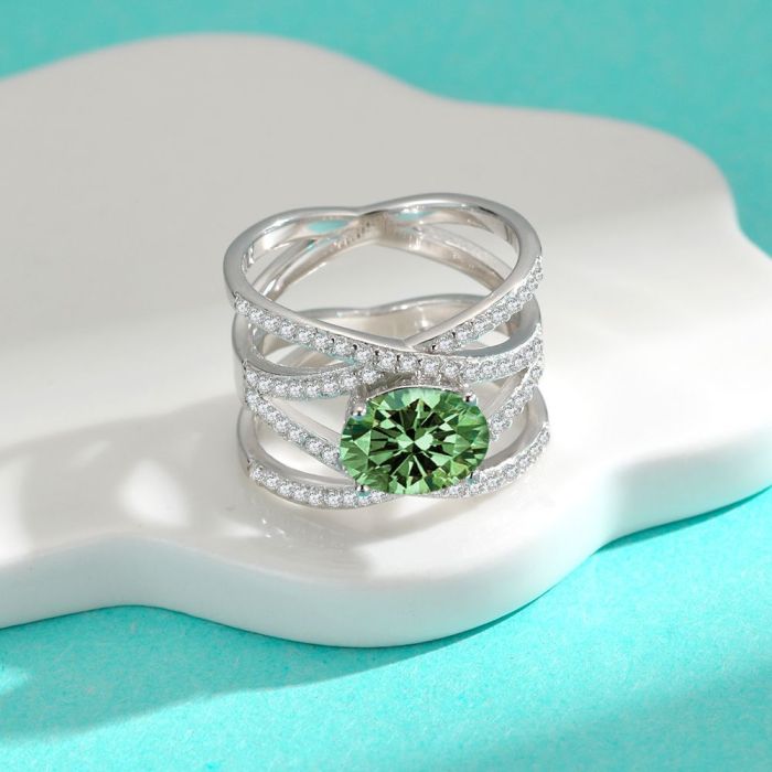 S925 Sterling Silver Moissanite Oval Diamond Ring, High-End Fashionable and Elegant, Crossed Colorful Dodo Egg Ring