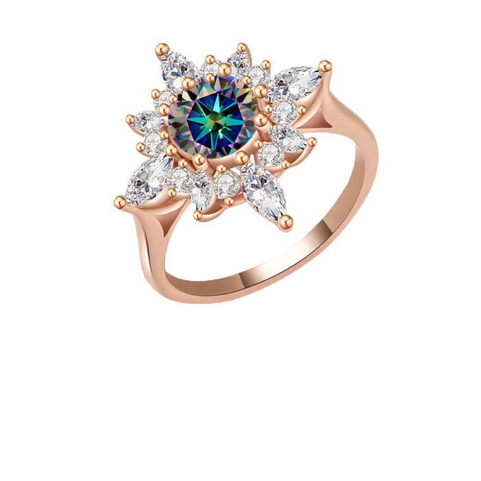 S925 Sterling Silver Flower Ring, Fashionable and Elegant, High-Grade 18K Gold with Colored Moissanite Diamond Ring