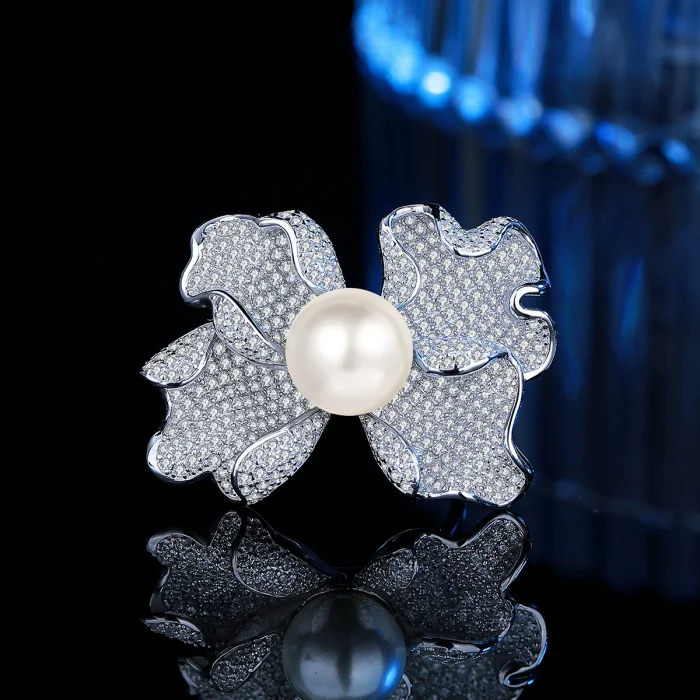 S925 Sterling Silver Exquisite Diamond and Pearl Ring for Women: Elegant and Sophisticated Floral Design, Adjustable Opening