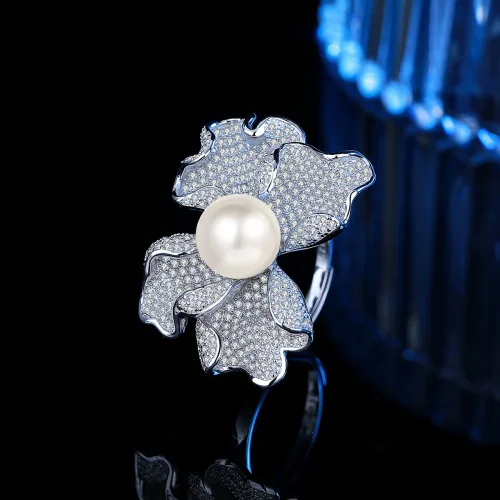 S925 Sterling Silver Exquisite Diamond and Pearl Ring for Women: Elegant and Sophisticated Floral Design, Adjustable Opening