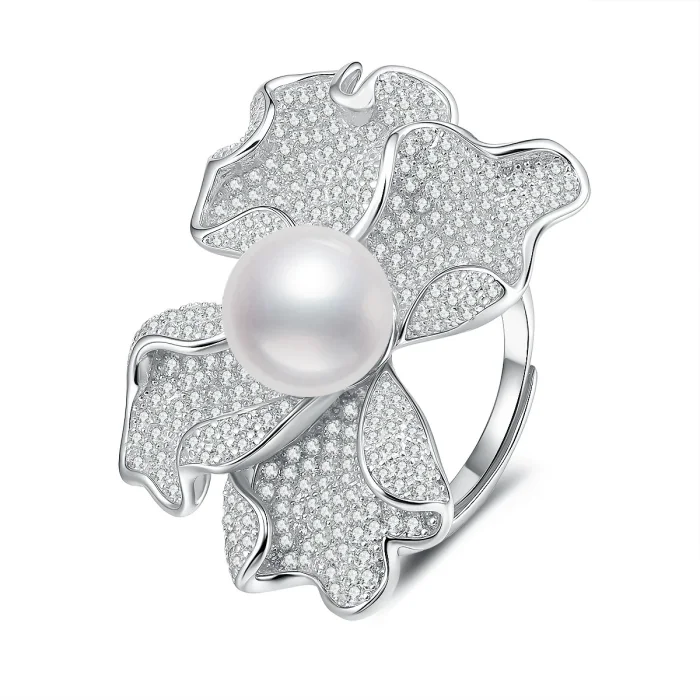 S925 Sterling Silver Exquisite Diamond and Pearl Ring for Women: Elegant and Sophisticated Floral Design, Adjustable Opening