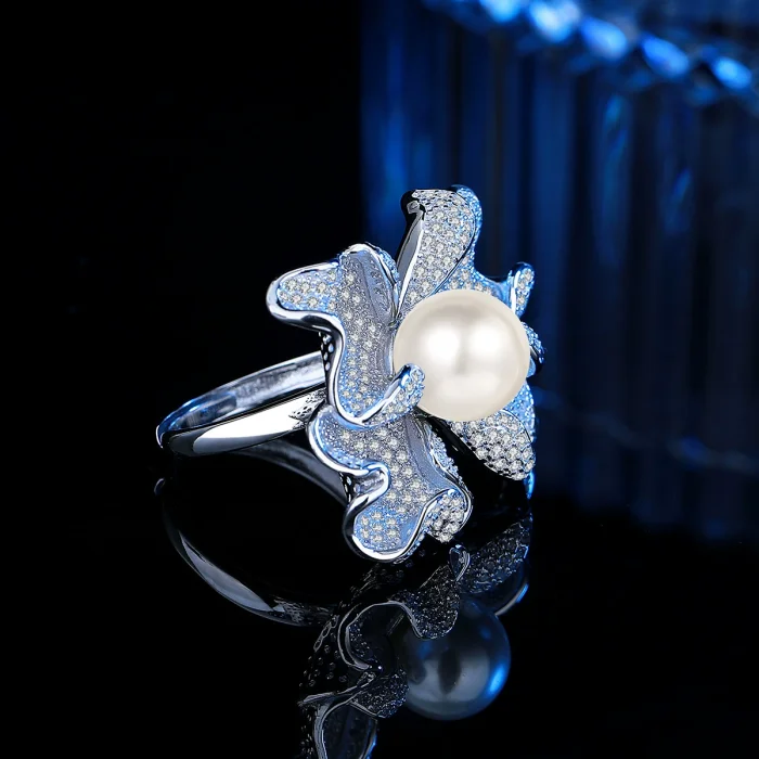S925 Sterling Silver Exquisite Diamond and Pearl Ring for Women: Elegant and Sophisticated Floral Design, Adjustable Opening