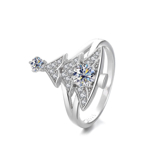 S925 Sterling Silver Christmas Tree Moissanite Diamond Ring, Full Diamond Women's Ring, High-End Fashionable and Personalized Silver Jewelry