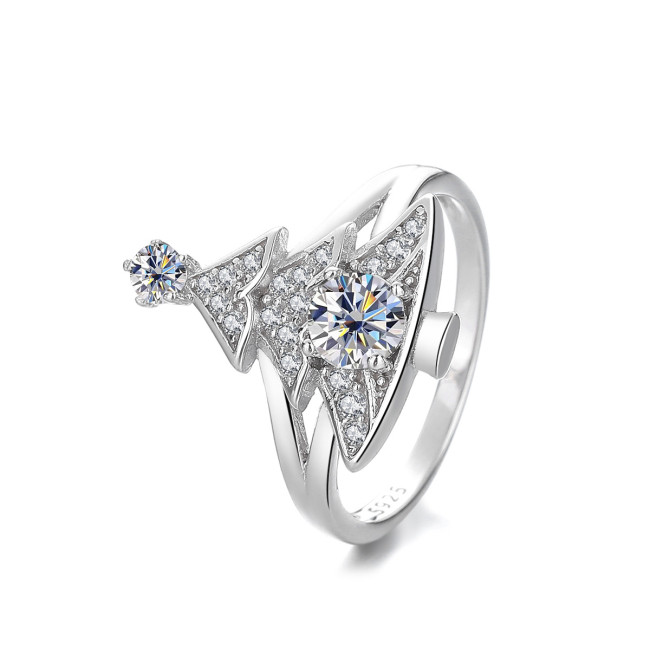 S925 Sterling Silver Christmas Tree Moissanite Diamond Ring, Full Diamond Women's Ring, High-End Fashionable and Personalized Silver Jewelry