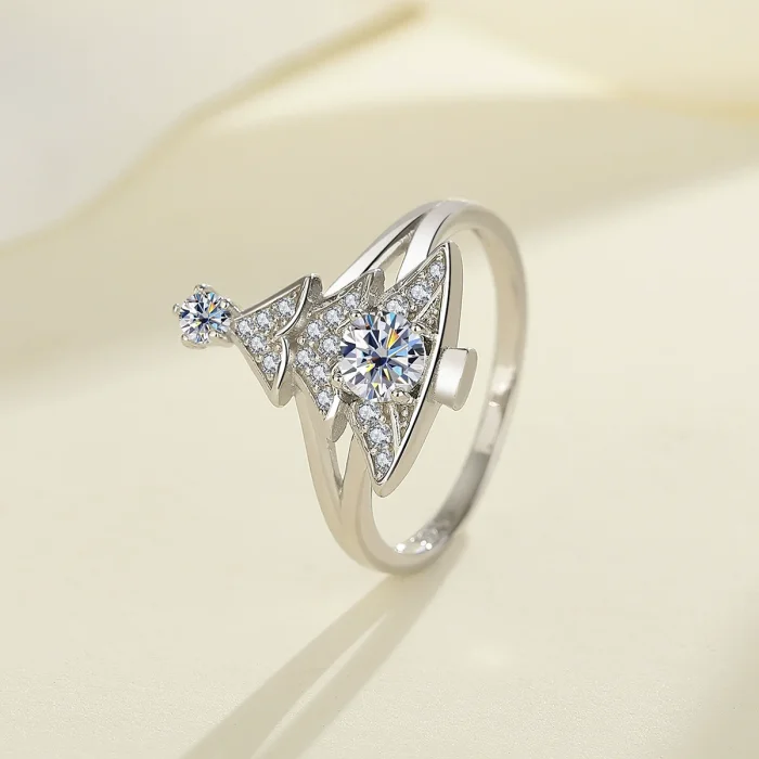 S925 Sterling Silver Christmas Tree Moissanite Diamond Ring, Full Diamond Women's Ring, High-End Fashionable and Personalized Silver Jewelry