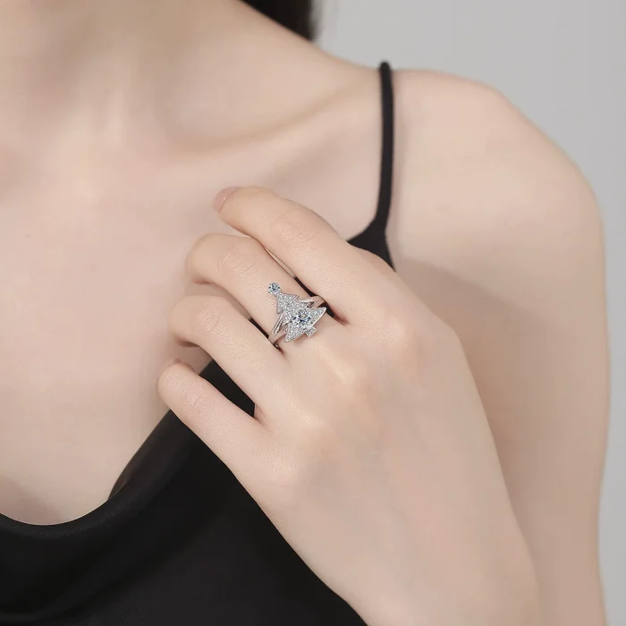 S925 Sterling Silver Christmas Tree Moissanite Diamond Ring, Full Diamond Women's Ring, High-End Fashionable and Personalized Silver Jewelry