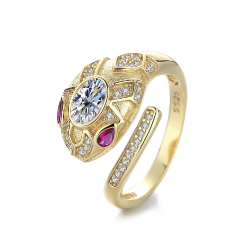 S925 Sterling Silver Moissanite Elegant and Stylish Snake Ring, 18K Gold Plated Peach Pink Snake Ring