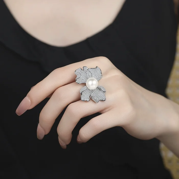 S925 Sterling Silver Exquisite Diamond and Pearl Ring for Women: Elegant and Sophisticated Floral Design, Adjustable Opening