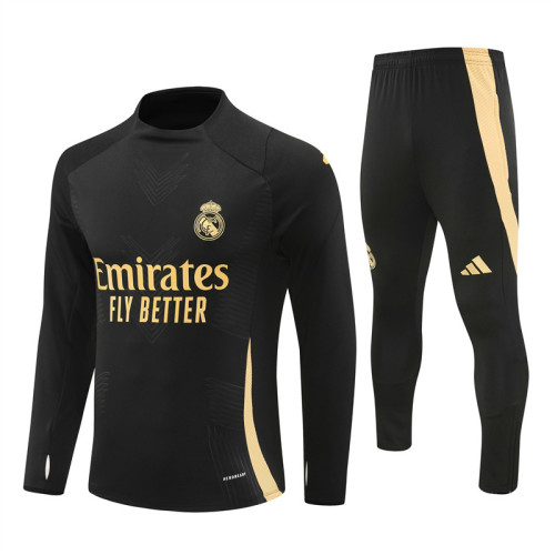 2425 Real Madrid Black Golden 1/4 Zipper Player Training Suit