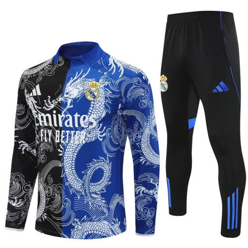 2526 Real Madrid Black Blue 1/4 Zipper Player Training Suit