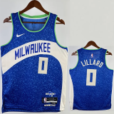 23-24 BUCKS LILLARD #0 Blue City Edition Top Quality Hot Pressing NBA Jersey(V领)