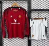 25-26 Man Utd Home Long Sleeve Kids Soccer Jersey（长袖）