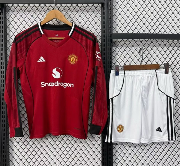 25-26 Man Utd Home Long Sleeve Kids Soccer Jersey（长袖）