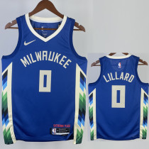 22/23 BUCKS LILLARD #0 Blue City Edition Top Quality Hot Pressing NBA Jersey(V领)