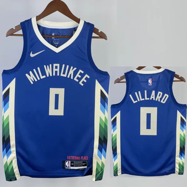 22/23 BUCKS LILLARD #0 Blue City Edition Top Quality Hot Pressing NBA Jersey(V领)