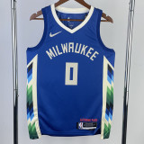 22/23 BUCKS LILLARD #0 Blue City Edition Top Quality Hot Pressing NBA Jersey(V领)
