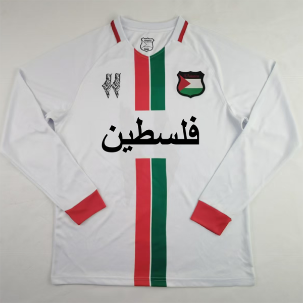 24/25 Palestino Deportivo White Two tone  Long Sleeve Fans Soccer Jersey(红色袖口）