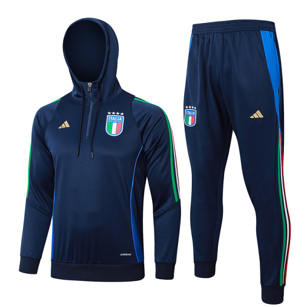 24/25 Italy Royal Blue Hooded  Half Pull Tracksuit(Add Fluff)  (半拉链、加绒F597)