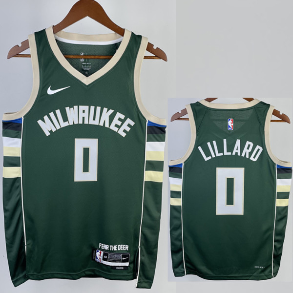 22/23 BUCKS LILLARD #0 Away Green Top Quality Hot Pressing NBA Jersey(V领)