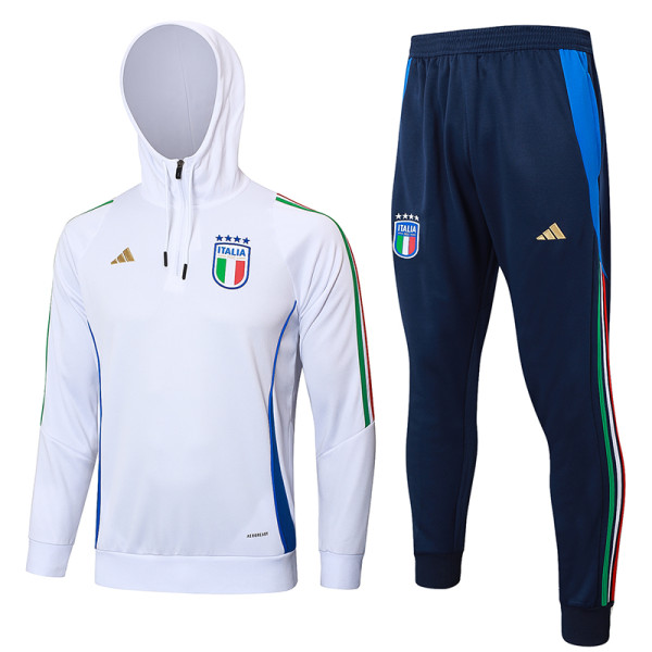 24/25 Italy White Hooded  Half Pull Tracksuit(Add Fluff)  (半拉链、加绒F596)