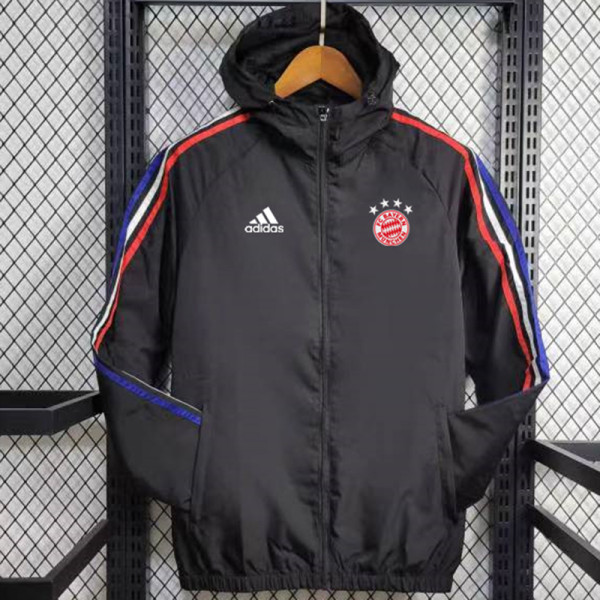 24/25 Bayern Black Hooded Windbreaker(蓝红白边）