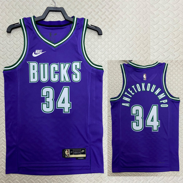 22/23 BUCKS ANTETOKOUNMPO #34 Purple Top Quality Hot Pressing NBA Jersey (Retro Logo)