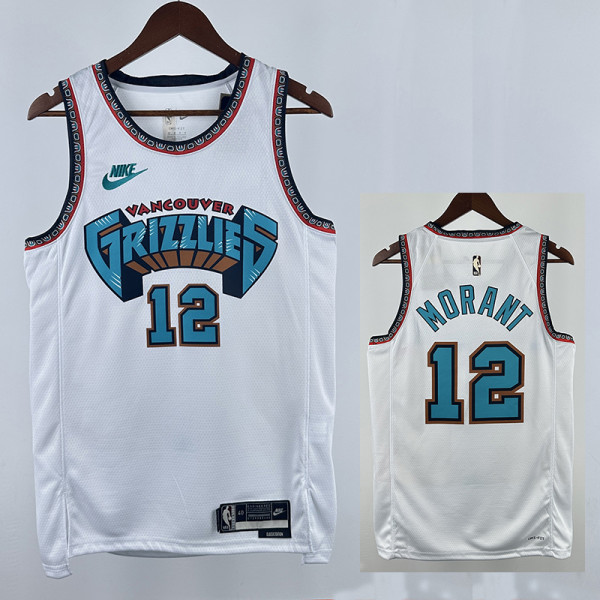 24/25 Grizzlies MORANT #12 White Retro Top Quality Hot Pressing NBA Jersey