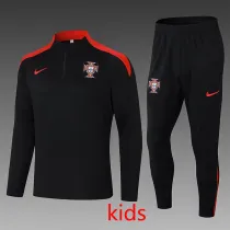 24/25  Portugal Black Kids  Half Pull Tracksuit  (童装)(半拉链)