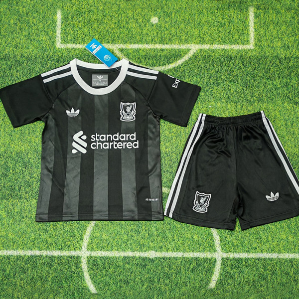 25/26  LIV Grey Black Goalkeeper Kids  Soccer Jersey（肩上三白边）