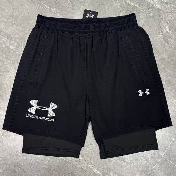 2026UA Black Double Layered Sports Shorts#U3001白花标黑色
