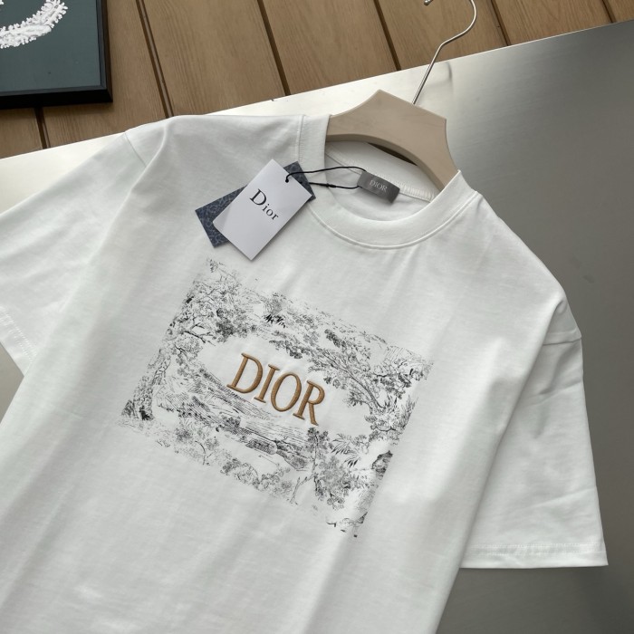 Dior Ink Painting Logo Embroidered Short-sleeved T-shirt