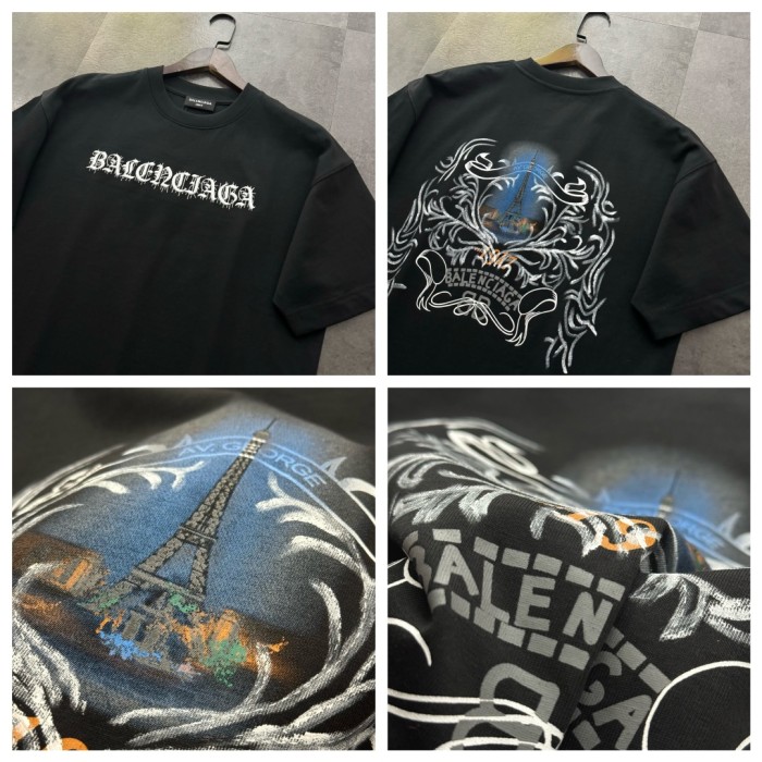 Balenciaga Embroidered Hand-painted Cotton Short Sleeve T-Shirt