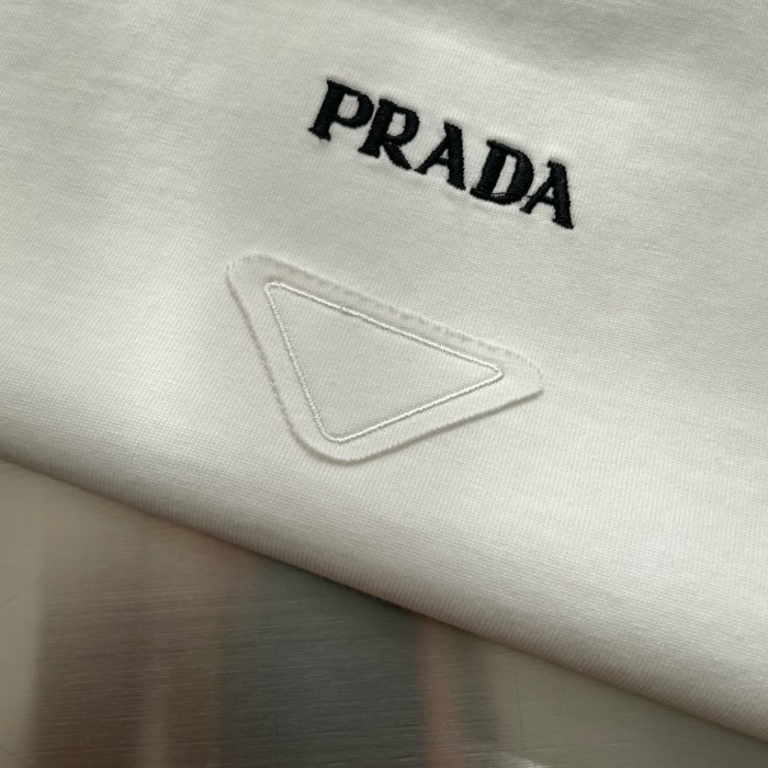 Prada Triangle Logo Patch Embroidered Cotton Short Sleeve T-shirt