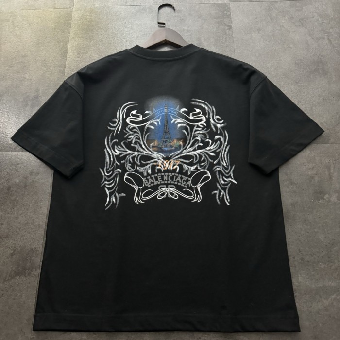 Balenciaga Embroidered Hand-painted Cotton Short Sleeve T-Shirt