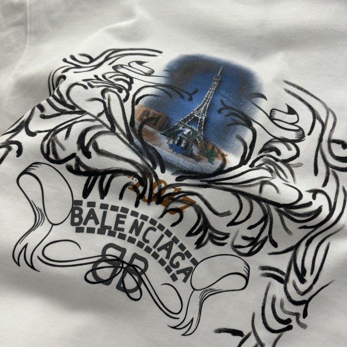 Balenciaga Embroidered Hand-painted Cotton Short Sleeve T-Shirt