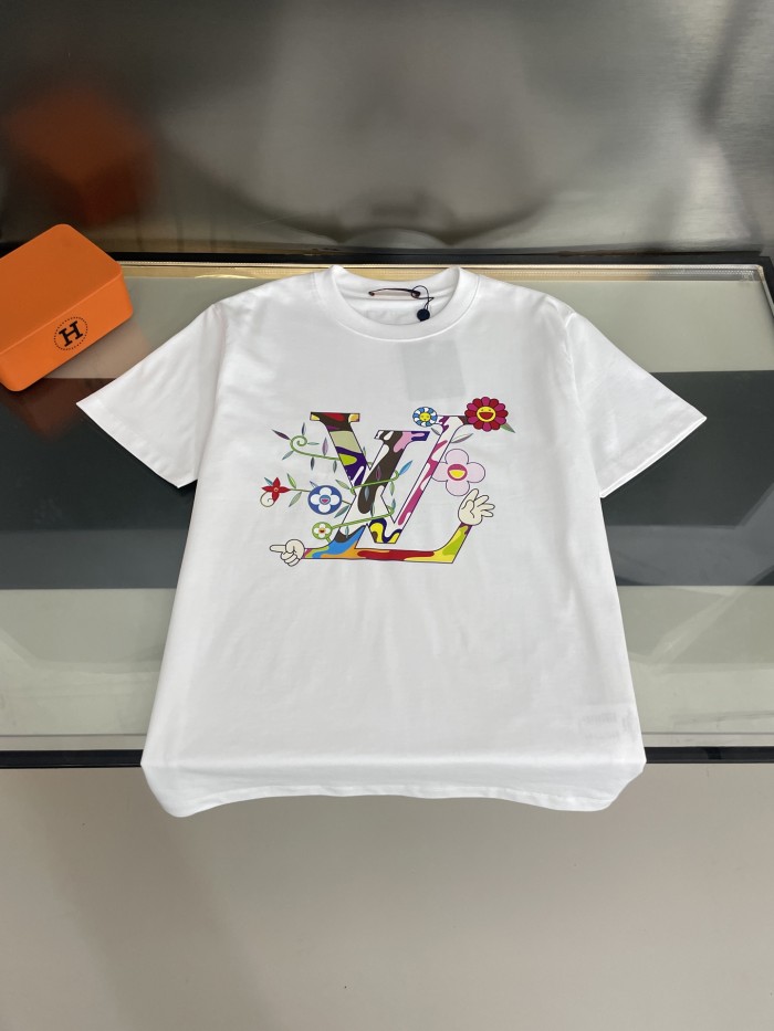 Louis Vuitton LOGO Flower Print Cotton T-shirt Short Sleeves
