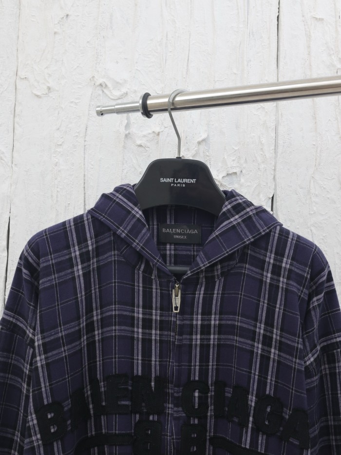 Balenciaga Purple Plaid Zip-Up Hooded Jacket
