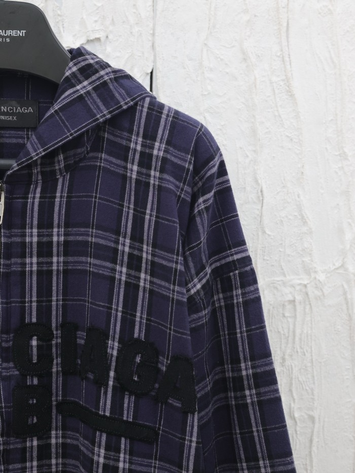 Balenciaga Purple Plaid Zip-Up Hooded Jacket