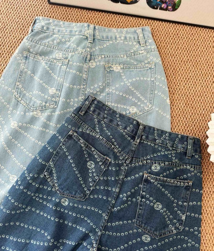 CHANEL LOGO PRINTED DENIM JEANS