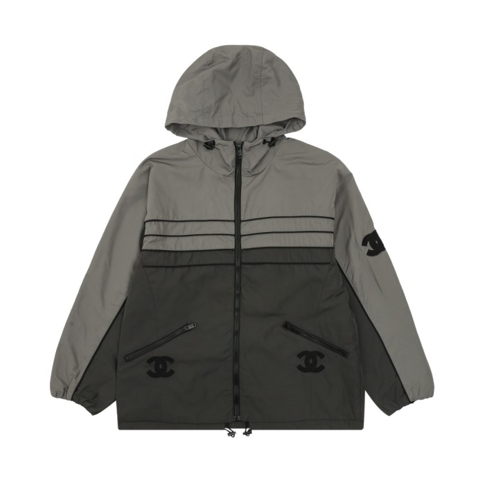 Chanel CC Embroidery Zip-Up Hooded Trench Jacket